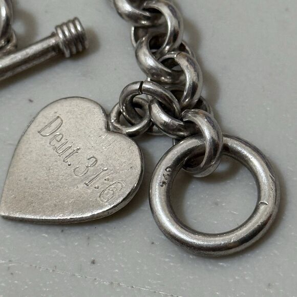Vintage Sterling Heavy Rolo Bracelet With Heart Engraved Charm - Picture 6 of 7